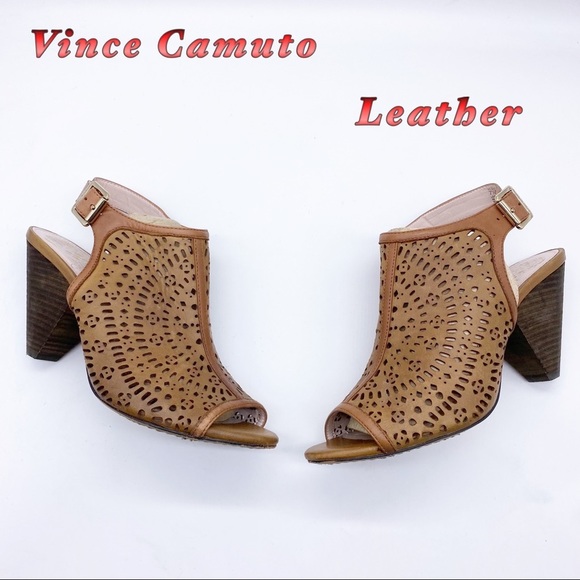 Vince Camuto Shoes - Vince Camuto-Leather- Tan Laser Cut Peep Toe Open Back Heel 7.5